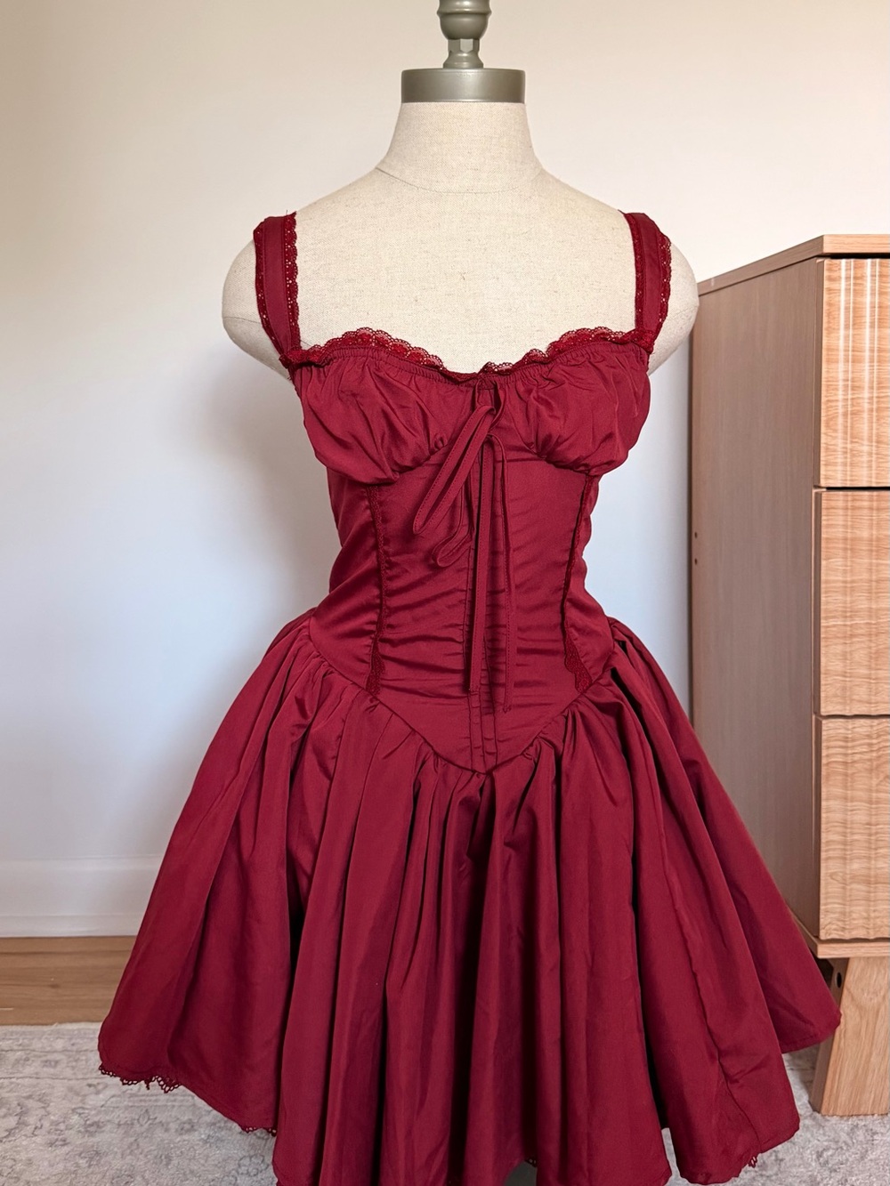 Burgundy Corset Cottage-Core Dress